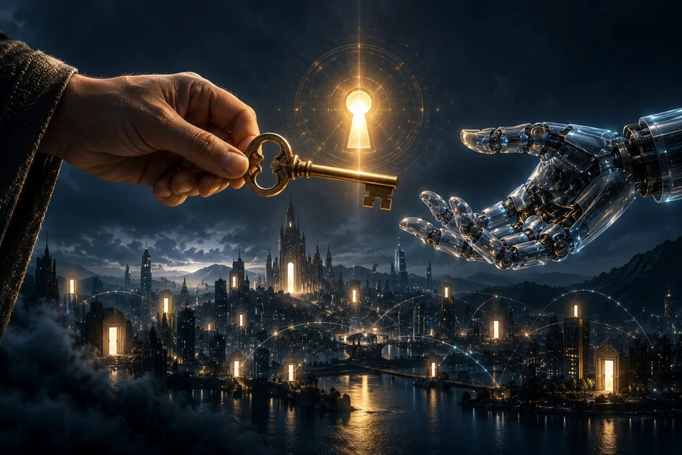 Conceptual illustration of a person handing a glowing key to a robotic hand above a city.